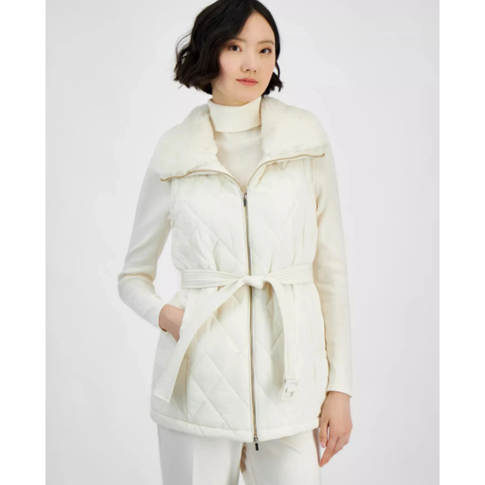 Anne Klein Women's Jacket Faux-Fur-Collar Quilted Vest White Size XL EK90
